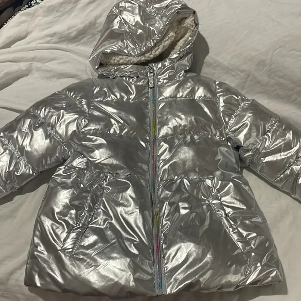 Members Mark 6 silver hooded puffer jacket sherpa lined warm pockets guc